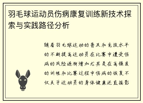 羽毛球运动员伤病康复训练新技术探索与实践路径分析