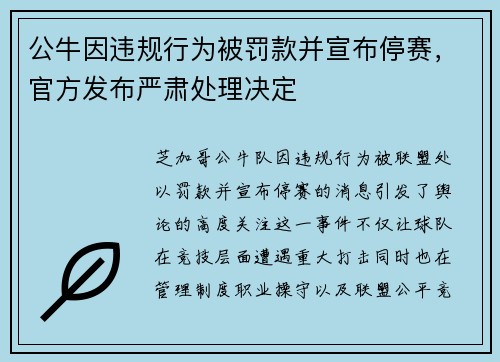 公牛因违规行为被罚款并宣布停赛，官方发布严肃处理决定