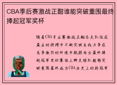 CBA季后赛激战正酣谁能突破重围最终捧起冠军奖杯